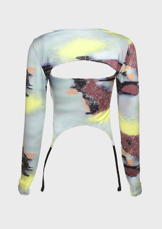 Y2K Blue abstract detail square neck top blouse Euphoria, cherryonce