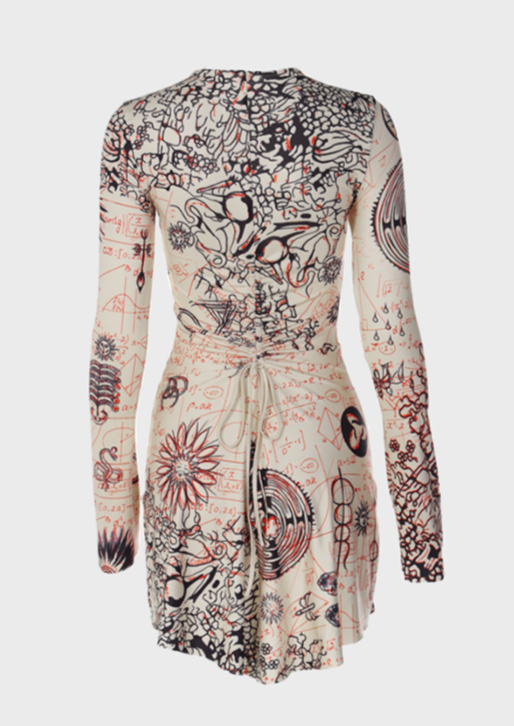 O-Neck Slim Fit High Stretch Above Knee, Mini In the style of Jonathan Meese Detailed illustrations Mystic symbolism details Otherworldly illustrations Tattoo-inspired style Sci-fi baroque Long sleeves Tie up back Body shaping dragon, Cherryonce