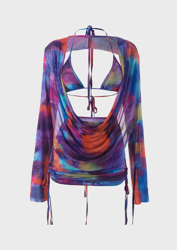 Abstract and colorful tie dye two piece set, Elastic Waist Above Knee, Mini V-Neck In the style of colorful neo-romanticism Cut-out silhouettes Iconic Light maroon and dark azure Long sleeves, mini length. Tie up neck detail. A perfect combination of craftsmanship, structure, and color. Step out in classic style and get noticed, Cherryonce
