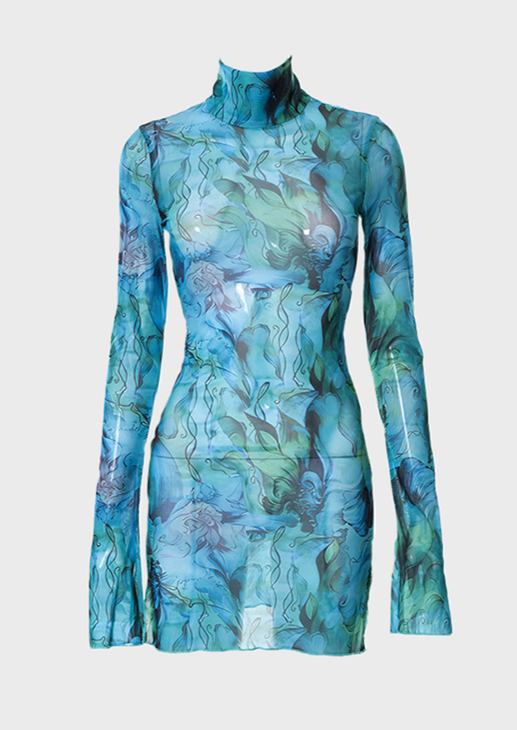 O-Neck Above Knee, Mini Long Sleeved Floral print Dark green and light blue coloring Misty atmosphere Post-internet aesthetics Floral pattern Style of translucent immersion See through material Textured detail. Cherryonce