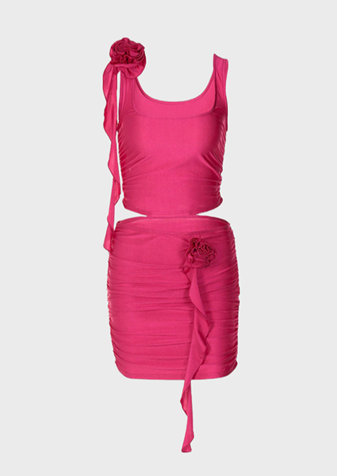 A pink two piece dress with small bow on it, In the style of body extensions, 3d flowerpunk, Two Piece Set Sleeveless Flower Detai lMini Length This dress is designed with a flattering body extension fit that is sure to turn heads. Crafted with 3D flowerpunk detail and a modern mini-length, it's the perfect statement piece for any occasion, Cherryonce