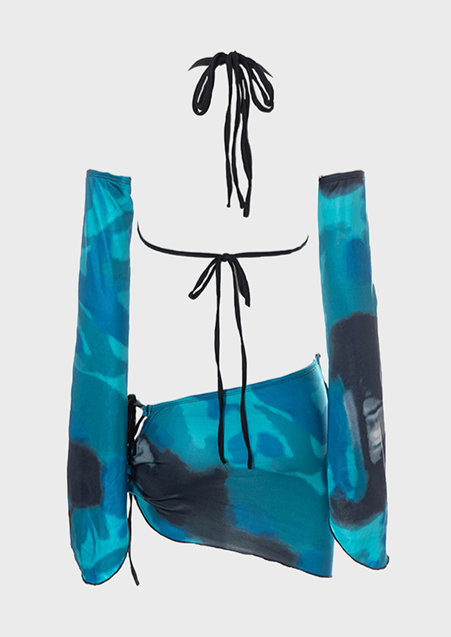 Ocean Blue 2 Piece Set Tie up back Cut out front Abstract navy baby blue printing Backless detail Long sleeves Scoop neck, Cherryonce