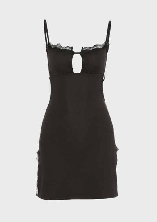 Baddie Black Mini Summer Dress Backless detail Square neck Lace detail, cherryonce