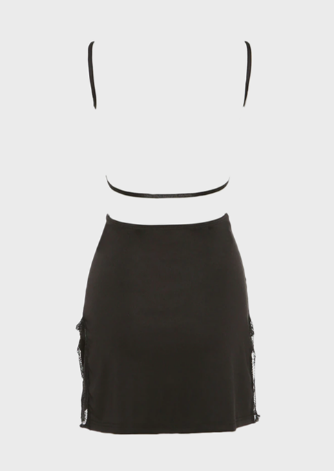 Baddie Black Mini Summer Dress Backless detail Square neck Lace detail, cherryonce