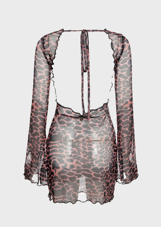 Leopard print brown dress Jewel neck Long sleeves Backless detail See through material Mini length, cherryonce