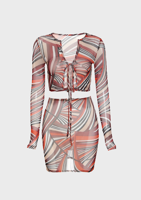 Two piece set beach dress Elastic Waist Above Knee, Mini V-Neck See through material Geometric mesh paisley two piece set Style of strip painting, light red and light brown# Vibrant colors Saturated stripes Chic illustrations Tie up front. Cherryonce