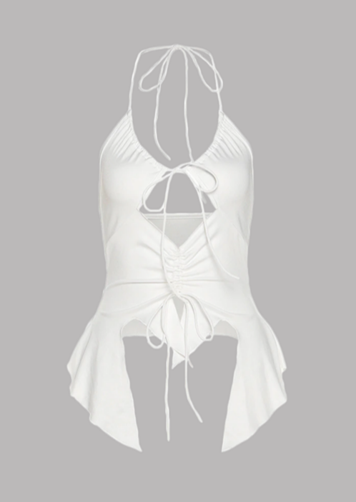 Lucia white top Scoop neck Tie up front, back Cut out front Y2K Sleeveless, cherryonce