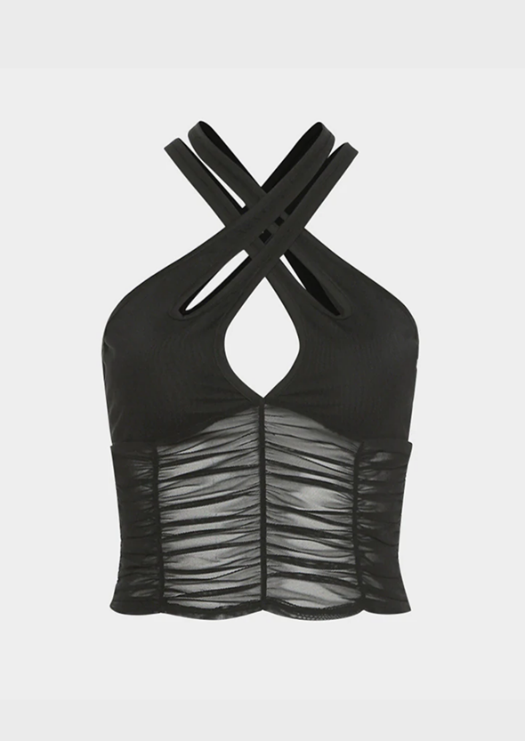 Black Tank Top V Neck Cut out details Baddie Sleeveless Y2K See through details, cherryonce