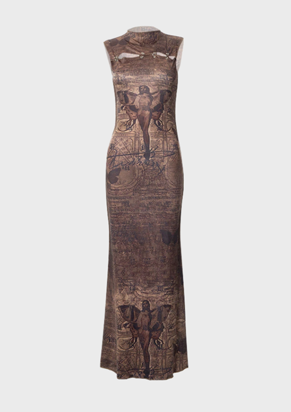 O-Neck Slim Fit Medium Stretch Ankle-Length Cut Out Detail Sleeveless , brown, vintage look, y2k dress,cherryonce