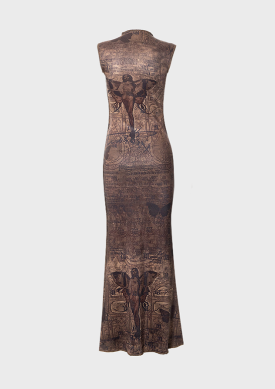 O-Neck Slim Fit Medium Stretch Ankle-Length Cut Out Detail Sleeveless , brown, vintage look, y2k dress, cherryonce