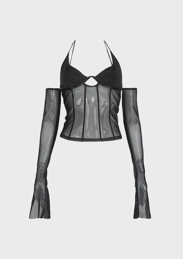 Black blouse Spaghetti strap Tie up neck See through material Long sleeves Baddie Y2K, Cherryonce