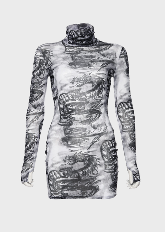 dragon printing white black dress see though material polo neck long sleeved dress mini length gen z women's dress summer festiva, cherryonce