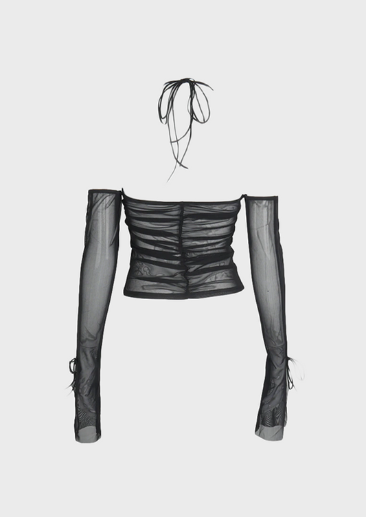 Black blouse Spaghetti strap Tie up neck See through material Long sleeves Baddie Y2K, Cherryonce