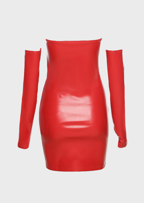 Baddie Gen Z Red, black dress Mini length Carmen neckline Gloves PU leather, Cherryonce