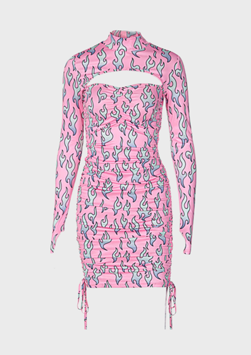Pink dress Cut out details Polo neck Long sleeves Adjustable length Mini length Fire print details Y2K Punk, cherryonce