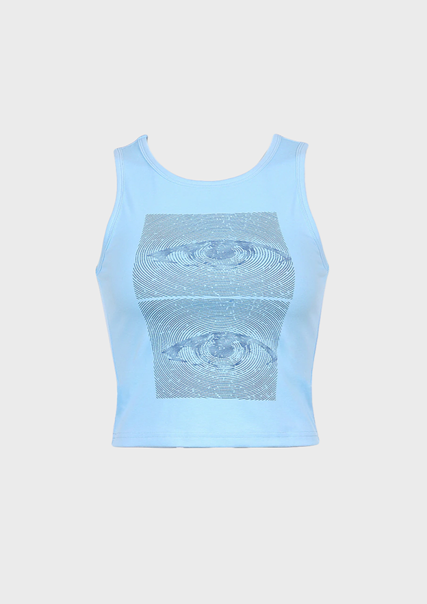 Blue Tank Top Crew neck Sleeveless Punk Eye print details Y2K, cherryonce