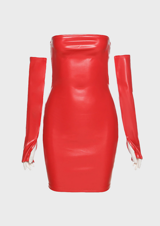 Baddie Gen Z Red, black dress Mini length Carmen neckline Gloves PU leather, Cherryonce