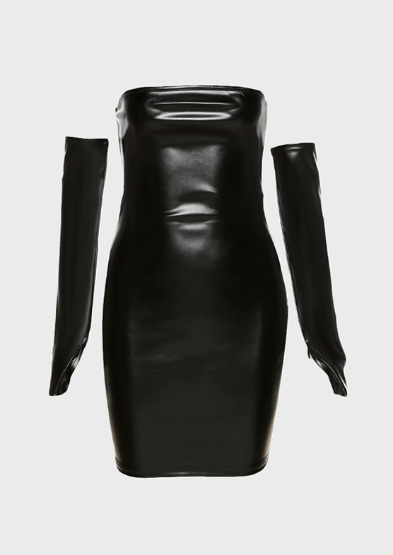 Baddie Gen Z Red, black dress Mini length Carmen neckline Gloves PU leather, Cherryonce