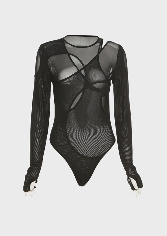 black blouse top y2k modern fashion 911 black bodysuit Jewel neck Long sleeves See through material Cut out details, Cherryonce