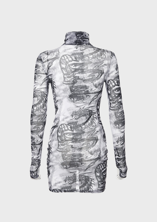 dragon printing white black dress see though material polo neck long sleeved dress mini length gen z women's dress summer festival, cherryonce