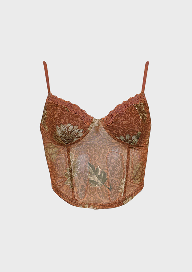 Brown Crop Top Flower print Lace details Scoop neck Sleeveless Soft girl Dark academia, cherryonce