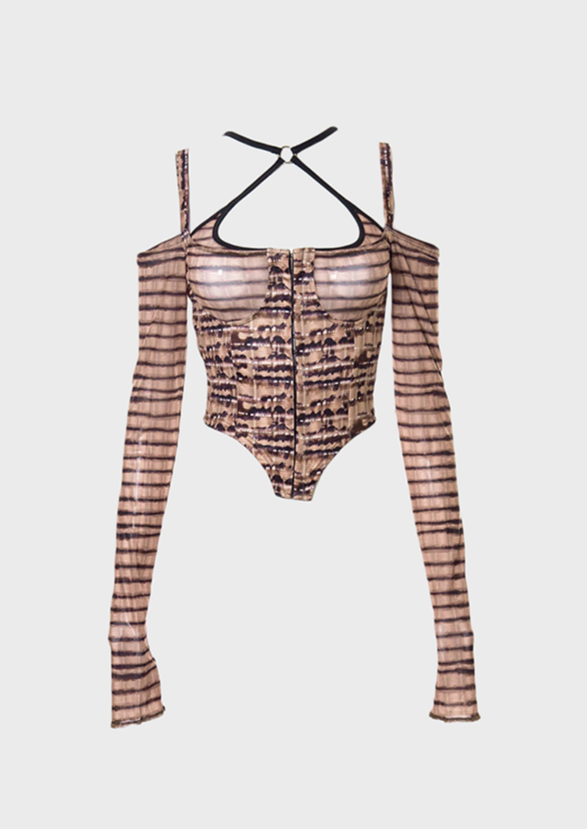 brown savanna blouse Halter neck Long sleeves Baddie Y2K, cherryonce