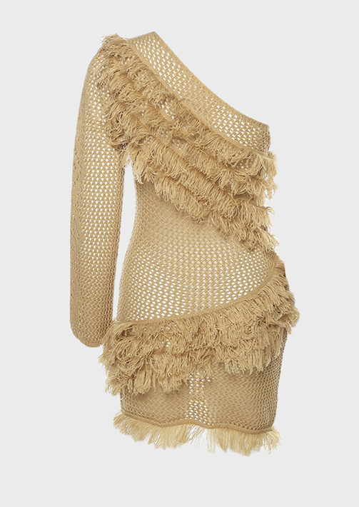 Beige mini one shoulder beach festival dress knitted women's, Cherryonce