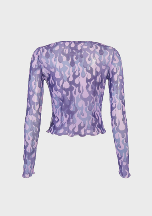 Punk Mesh Fabric Long sleeves See through material Crew neck Fire print details, cherryonce