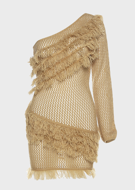 Gold One-Shoulder Fringe Mesh Dress - Glamorous & Daring Cherryonce Gold One-Shoulder Fringe Mesh Dress - Glamorous & Daring Cherryonce