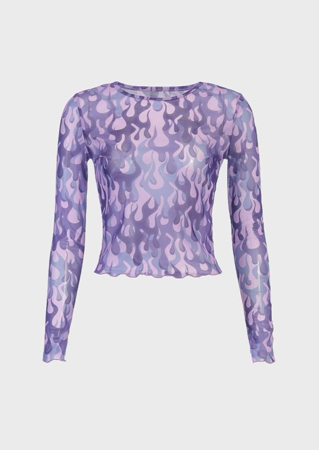Punk Mesh Fabric Long sleeves See through material Crew neck Fire print details, cherryonce