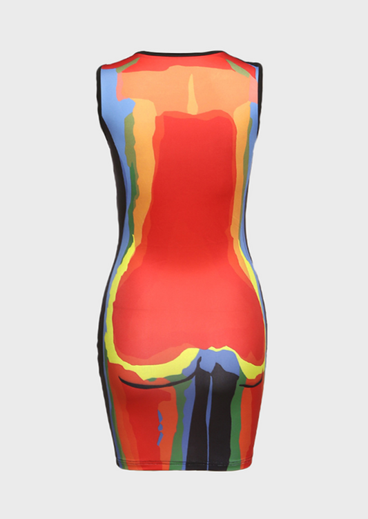 Red cosmic mini dress body print body shaping sleeveless round neck summer party dress women's thermal, cherryonce