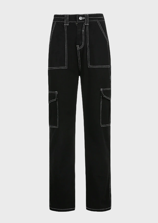 Black Baggy Jeans Grunge Gothic Straight fit High waisted Pocket details, Cherryonce