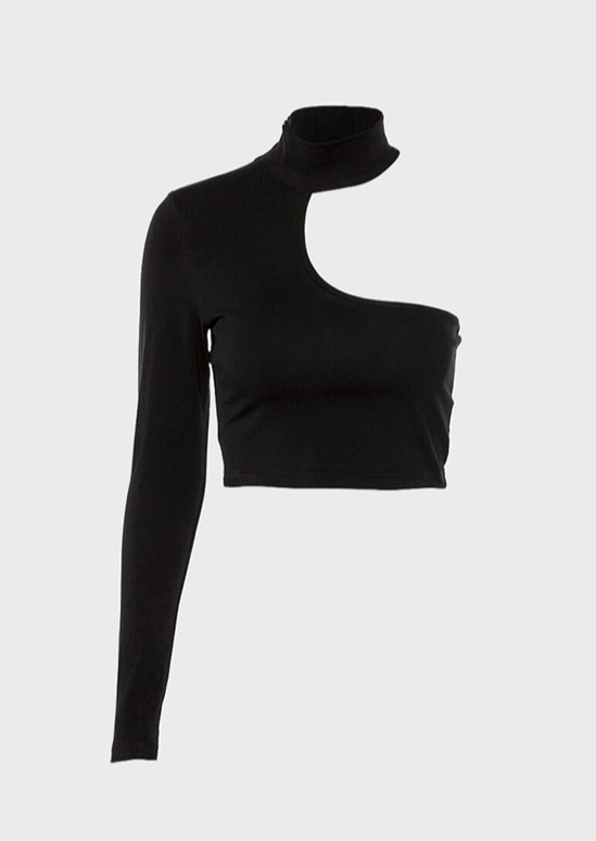 High Neck Cut Out Detail Long Sleeve Slim Fit, black blouse top, cherryonce