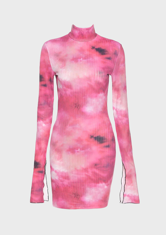 Tie-Dye Printing Pink Dress Polo neck Long sleeves Mini length Y2K Soft girl Bodycon style PINK TIE DYE SPLIT CUFF DRESS, cherryonce