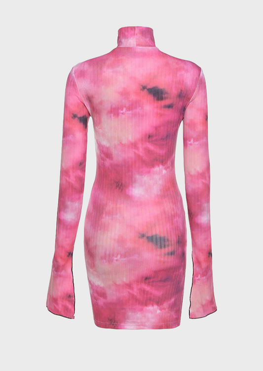 Tie-Dye Printing Pink Dress Polo neck Long sleeves Mini length Y2K Soft girl Bodycon style PINK TIE DYE SPLIT CUFF DRESS, cherryonce
