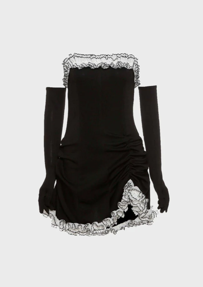 Black dress Gloves included Puffer details Mini length Straight across neckline, cherryonce