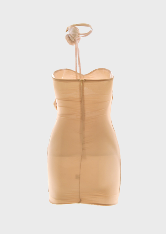 features a strapless cut with pretty floral embellishments at the waist and hip. The long tie neck piece is included as a separate. It has a zip to the back for easy on, almond, bodycon cute flower dress drag queen, 3D floral motifs Back Zip Slim Fit Mid Length Long tie neck piece detail Sleeveless y2k cherryonce