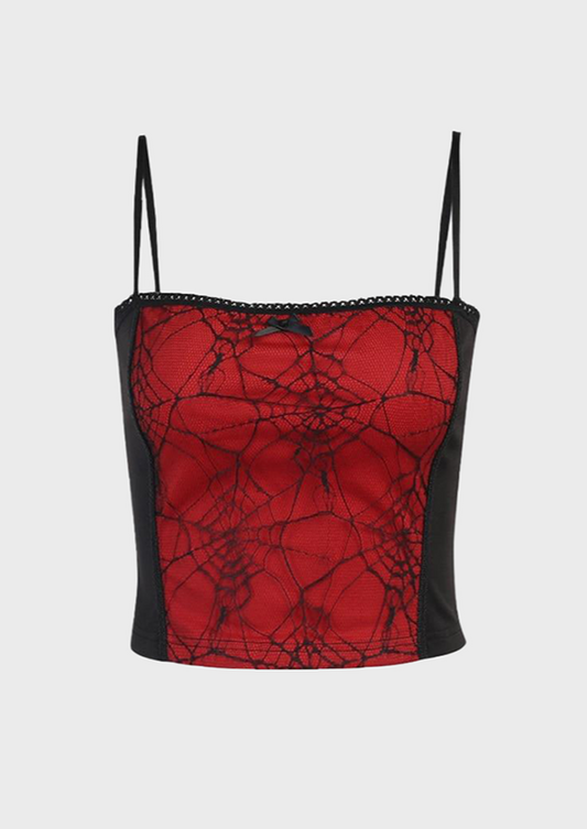 Gothic Red Crop Top Spider web details Zip up back Sleeveless Gen Z Square neckline, cherryonce
