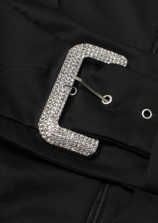 Invisible zipper opening at the back Large Diamond Belt Detail Long Sleeves Cut Out Details Square Neck black fancy baddie bodysuit