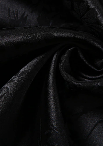 Japan style Black dress Flower design Polo neck Ankle length Short sleeves