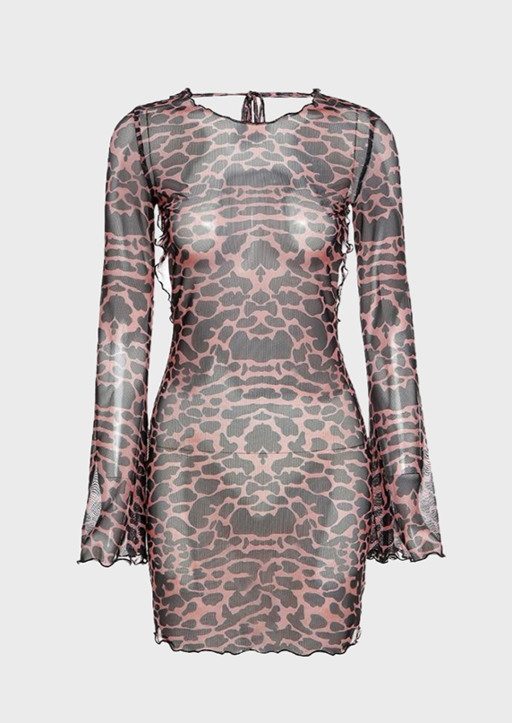 Leopard print brown dress Jewel neck Long sleeves Backless detail See through material Mini length, cherryonce