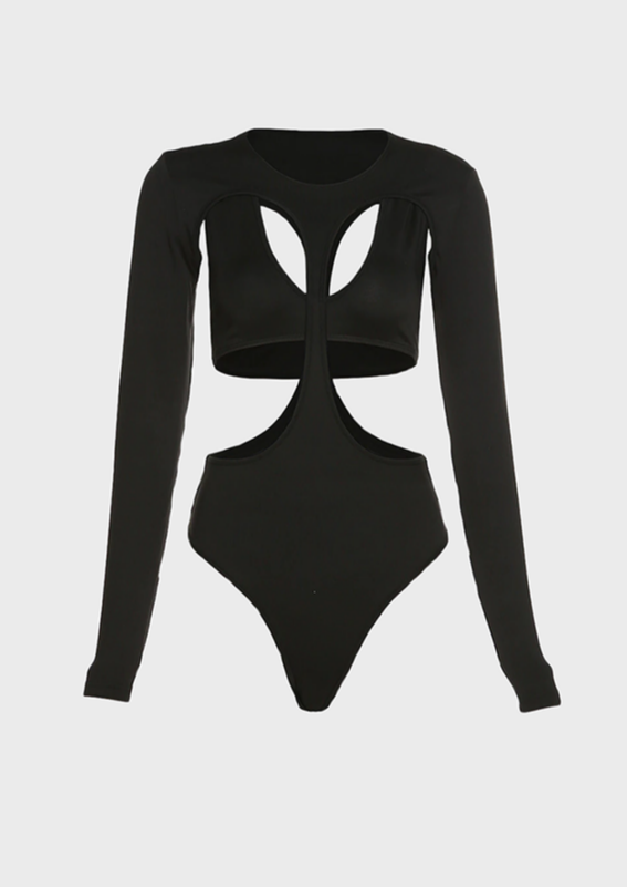Cut out black bodysuit Long sleeves Jewel neck summer y2k, cherryonce