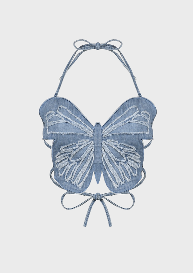 Butterfly design crop top Tie up neck and back Denim design Y2K Deep neck, cherryonce