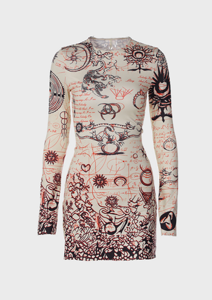O-Neck Slim Fit High Stretch Above Knee, Mini In the style of Jonathan Meese Detailed illustrations Mystic symbolism details Otherworldly illustrations Tattoo-inspired style Sci-fi baroque Long sleeves Tie up back Body shaping dragon, Cherryonce