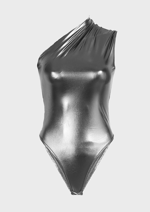 Body suit shoulder off. Metallic silver color Sleeveless Slight Stretch This Elliot Bodysuit is made with a slight stretch fabric, allowing for a comfortable and fashionable fit. The metallic silver color of the bodysuit, along with the shoulder-off design, will make it a statement piece in any wardrobe, Cherryonce