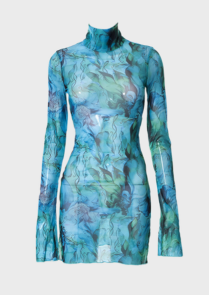 O-Neck Above Knee, Mini Long Sleeved Floral print Dark green and light blue coloring Misty atmosphere Post-internet aesthetics Floral pattern Style of translucent immersion See through material Textured detail. Cherryonce