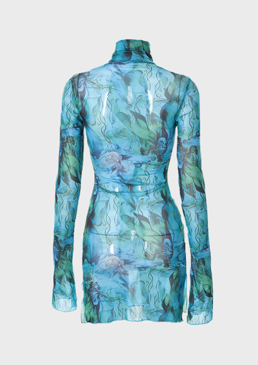 O-Neck Above Knee, Mini Long Sleeved Floral print Dark green and light blue coloring Misty atmosphere Post-internet aesthetics Floral pattern Style of translucent immersion See through material Textured detail, Cherryonce