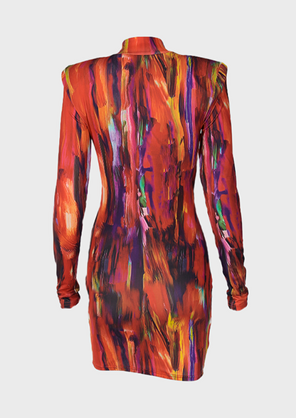 Tie dye printing O-Neck Above Knee, Mini Long Sleeves Abstract pattern Style of chromatic intensity Liquid emulsion printing Dark magenta and light amber Polo Neck, Cherryonce