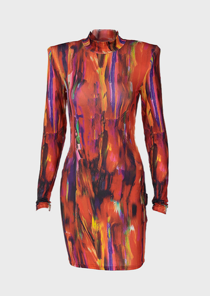 Tie dye printing O-Neck Above Knee, Mini Long Sleeves Abstract pattern Style of chromatic intensity Liquid emulsion printing Dark magenta and light amber Polo Neck, Cherryonce
