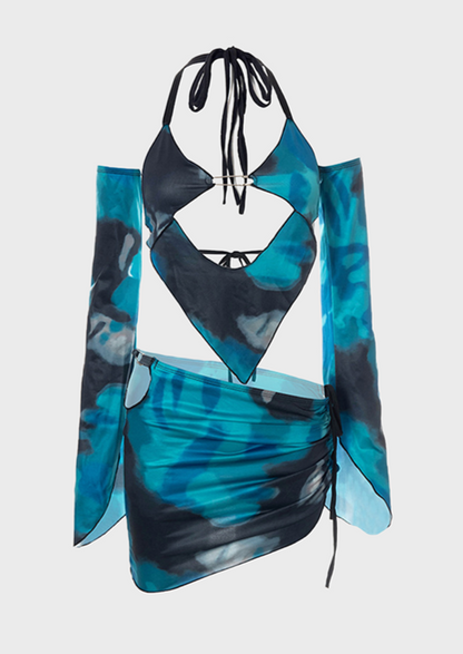 Ocean Blue 2 Piece Set Tie up back Cut out front Abstract navy baby blue printing Backless detail Long sleeves Scoop neck, Cherryonce